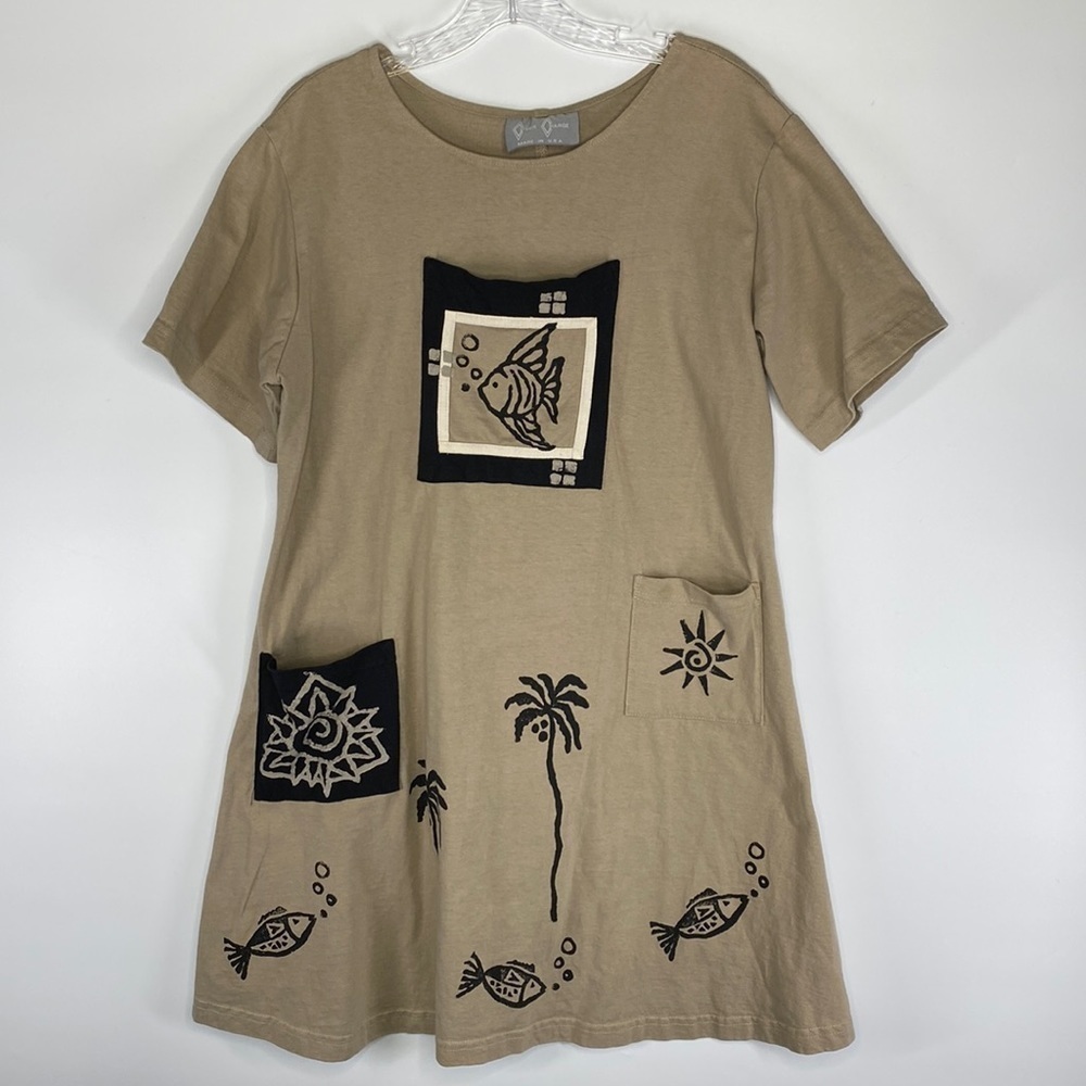 Vintage Cover Charge Tan Black Fish Art Tshirt Dress Size Small